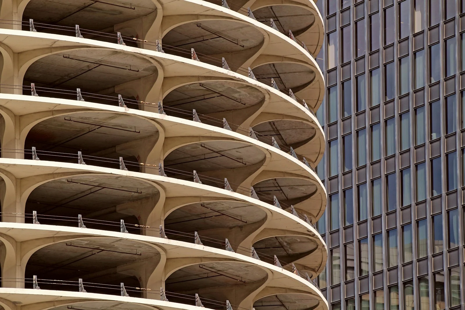 Close-up of the sculptural curved balconies at Marina City