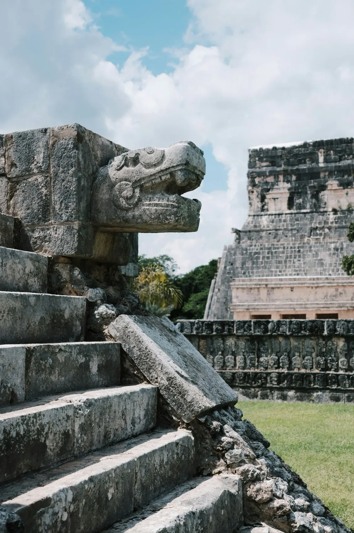 A carved serpent head at Chichén Itzá