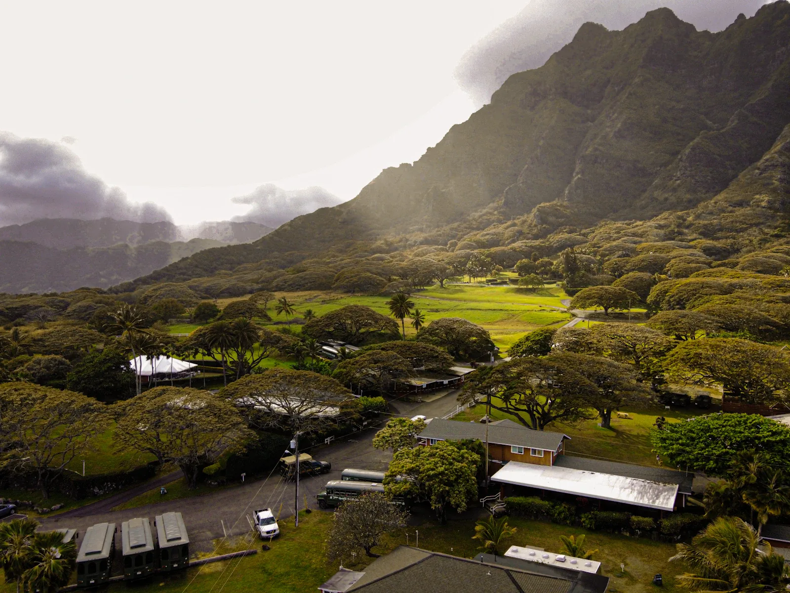 An aerial view of Kualoa Ranch and its valley