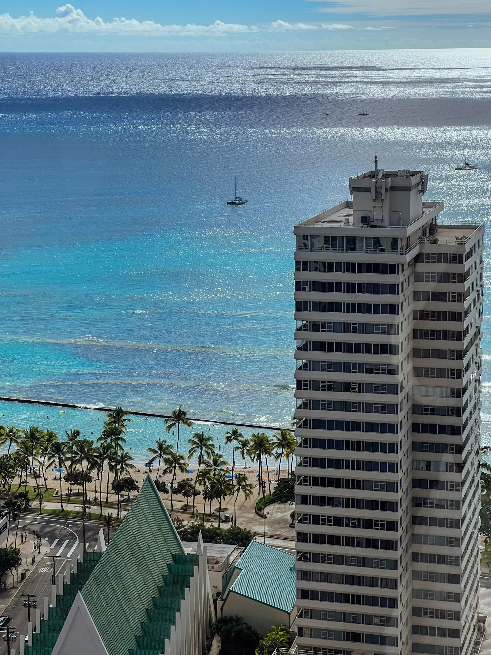 The Waikiki coastline with palms and city buildings