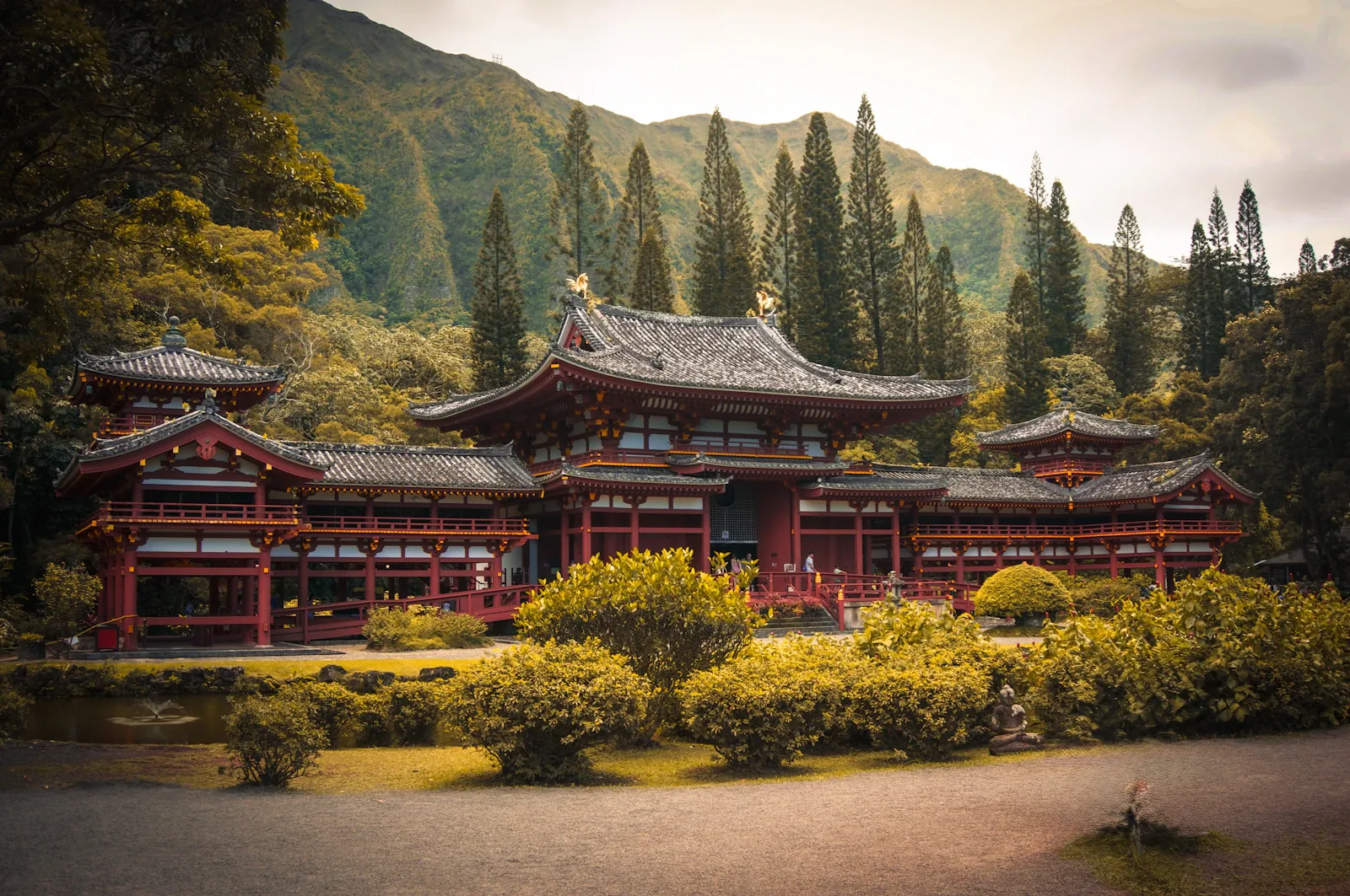 Byodo-In Temple surrounded by trees in Kaneohe